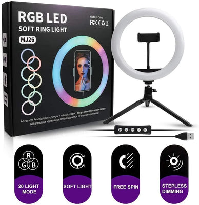 RGB LED Ring Light 26cm with Tripod, Phone Holder